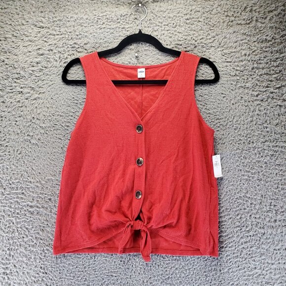 Old Navy Top Womens Small Red Sleeveless Button Front Tie Hem Lightweight - Picture 1 of 9